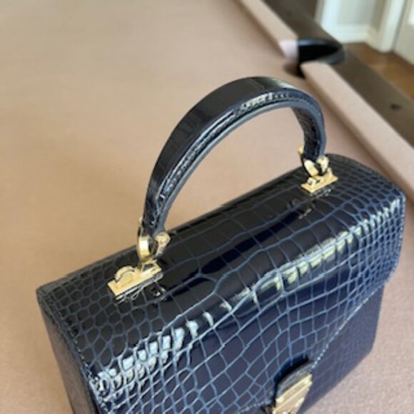 Aspinal of London Mayfair Midnight Blue Patent Croc Top Handle Handbag Purse Bag - Picture 2 of 9